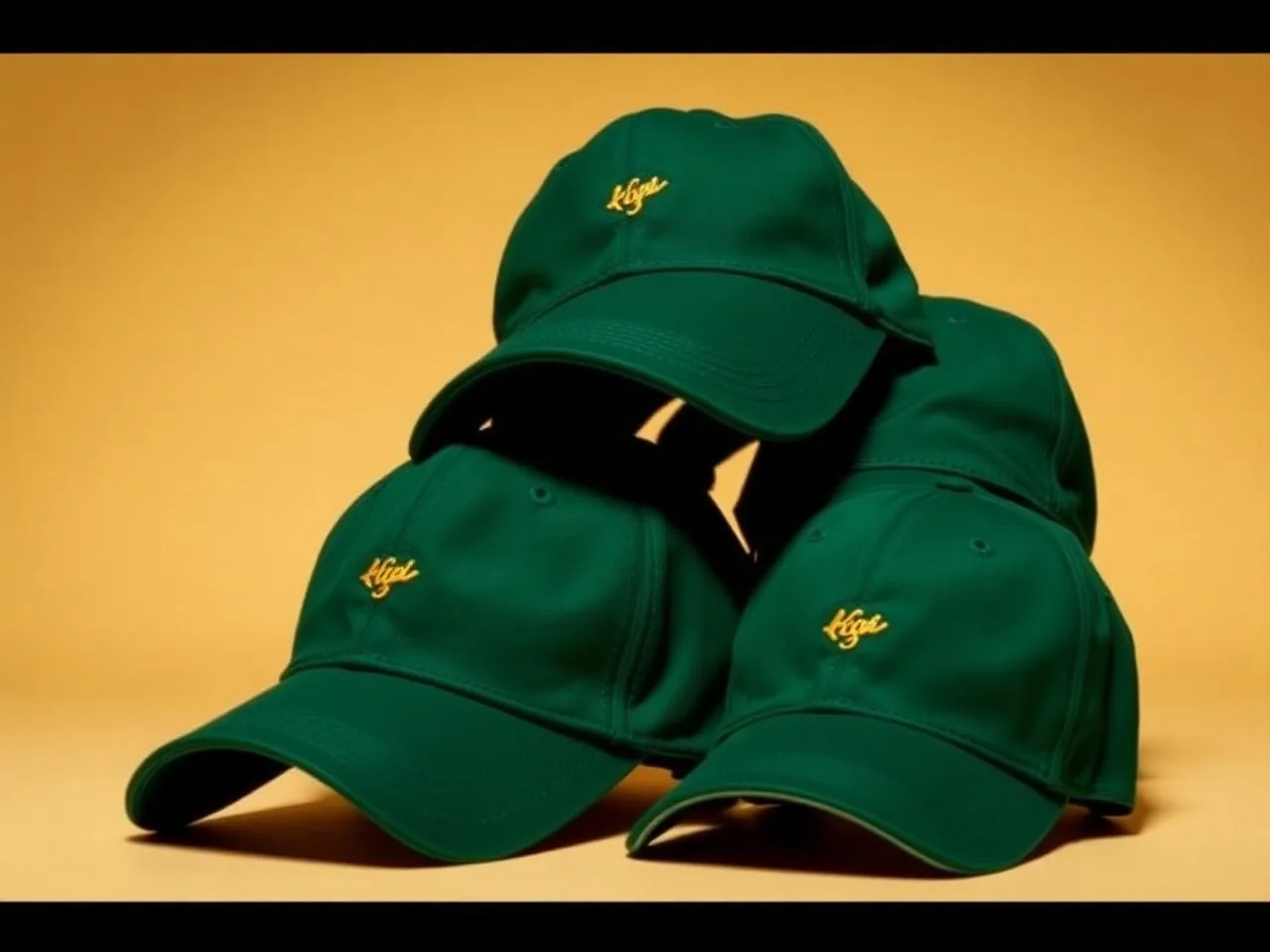 Stack of emerald green baseball caps with small gold embroidered logo — Al-Anaab Dubai