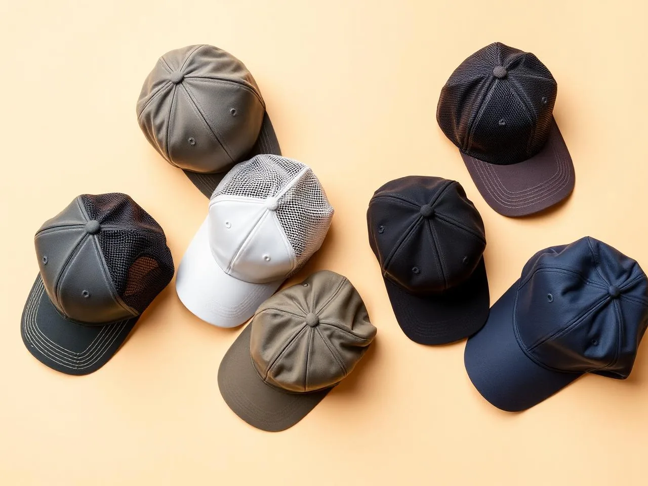 Flat lay of baseball, snapback, trucker, dad, bucket and fitted cap styles