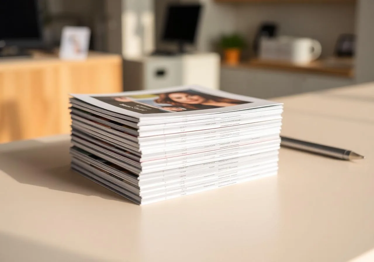 Stacks of freshly folded brochures at Al-Anaab Dubai