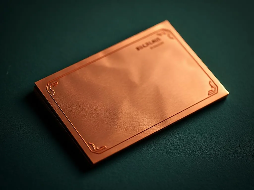 Copper foil business card printing in Dubai — warm copper metallic frame on deep green stock