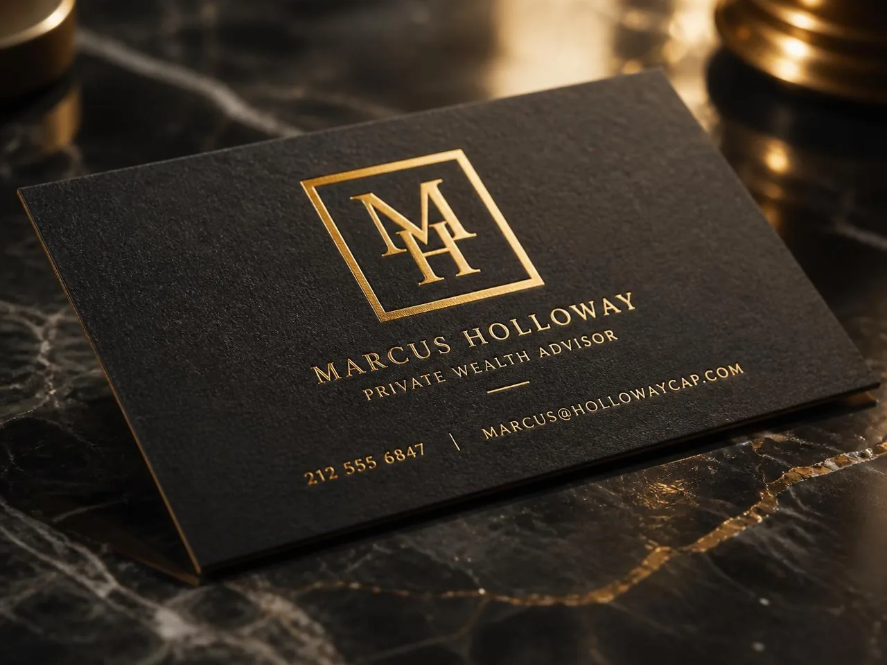 Gold foil stamped business card printed by Al-Anaab in Dubai — luxury black card with metallic gold logo