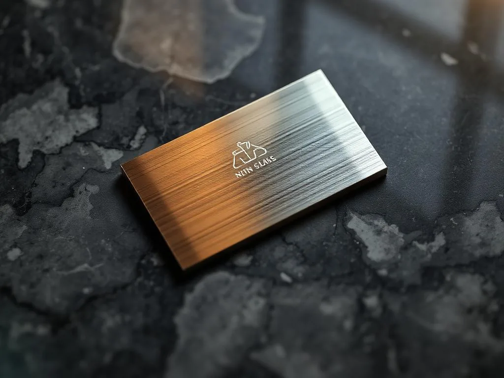 Silver foil business card printing in Dubai — mirror-polished silver metallic logo on dark stock