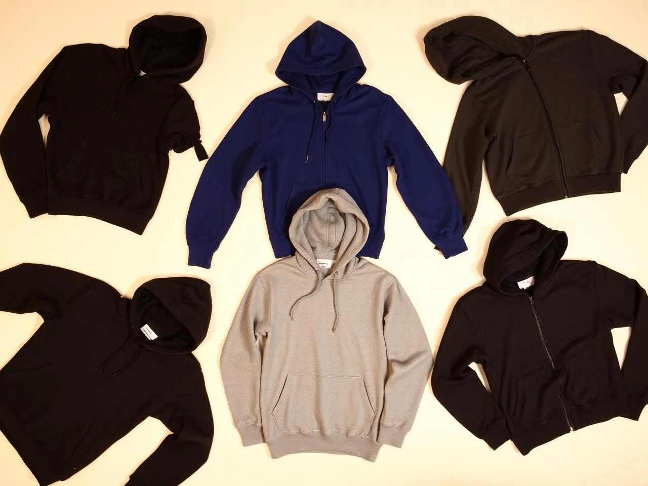 Flat lay of pullover, zip-up and oversized hoodie styles in cotton and fleece