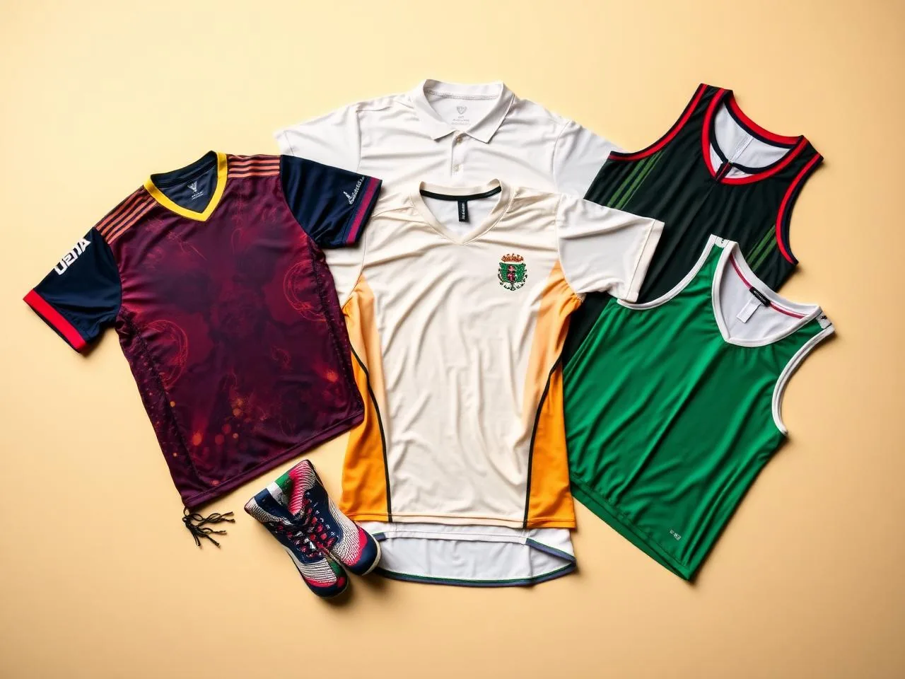 Flat lay of football, cricket, cycling and basketball sports jerseys