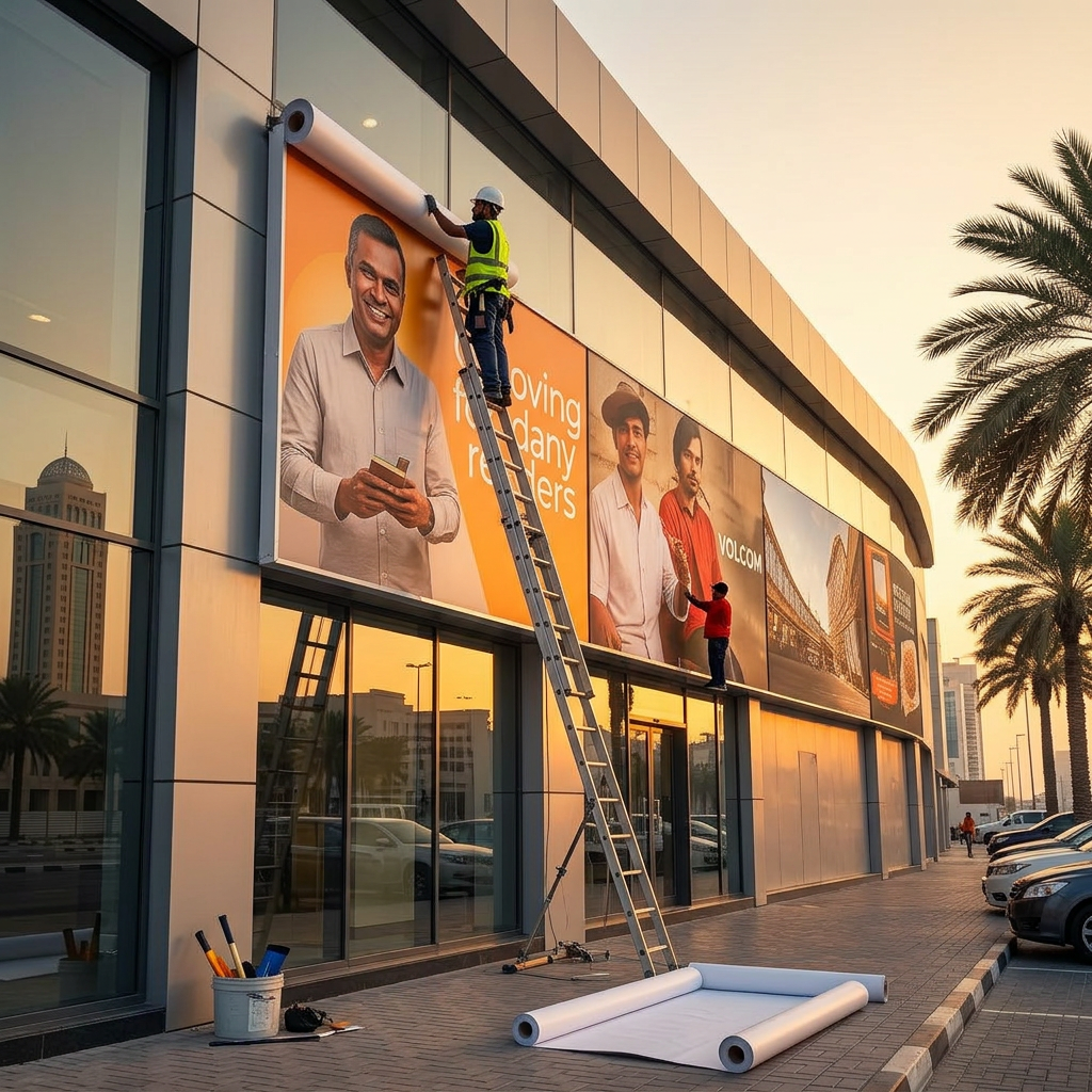 Al-Anaab installation team fitting a custom sign board in Dubai