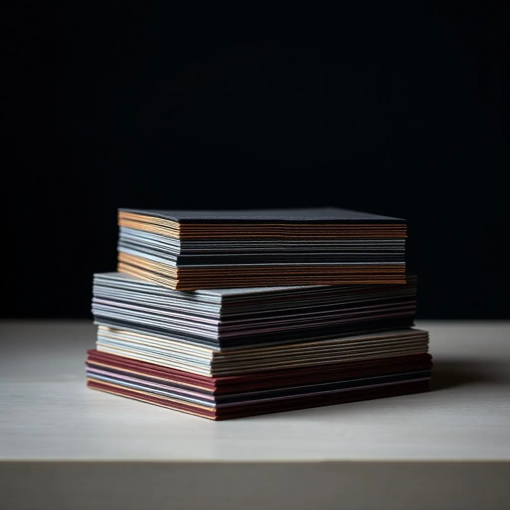 Stack of premium luxury business cards showing heavy 600gsm stock in mixed finishes — Al-Anaab Dubai