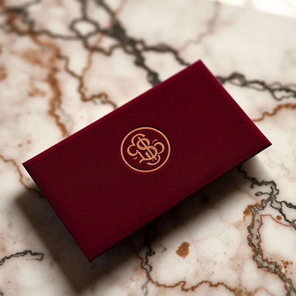 Suede silk-touch burgundy luxury business card with embossed monogram — Al-Anaab Dubai