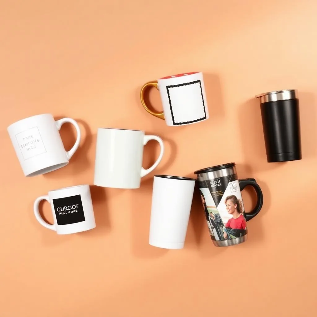 Different types of custom printed mugs — white ceramic, inner colour, magic, black patch, travel and photo mugs